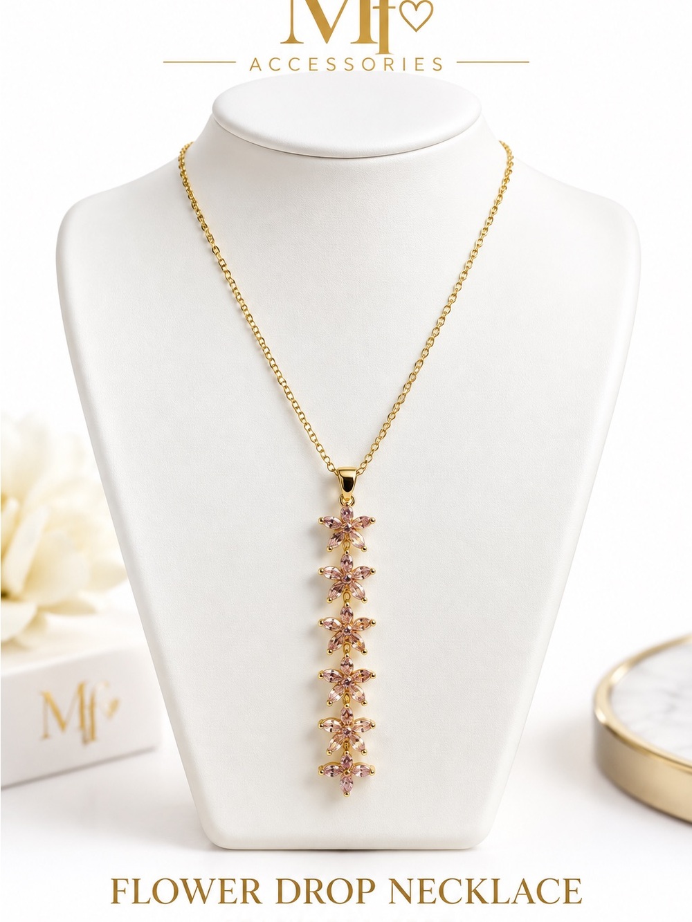 Gold Flower Drop Necklace with Pink Crystals